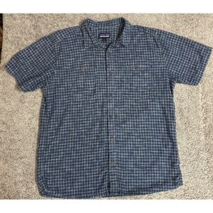 Patagonia Mens Shirt Large Blue Plaid Short Sleeve Button Organic Hemp/Cotton
